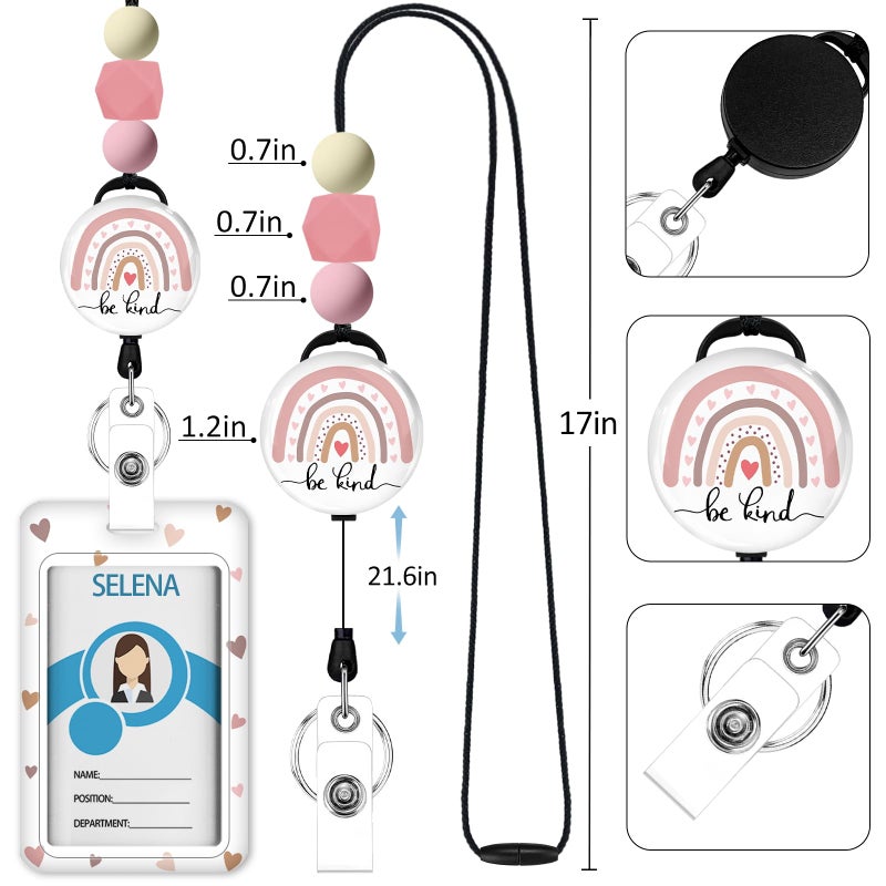 Icycay Teacher Lanyards for Id Badges  ID Badge Holder with Silicone Beaded Lanyard Badge Reel Retractable Clip  Cute Rainbow Lanyard with ID Holder Retractable Keychain  Office Name Tag Badge Holder - Image 4